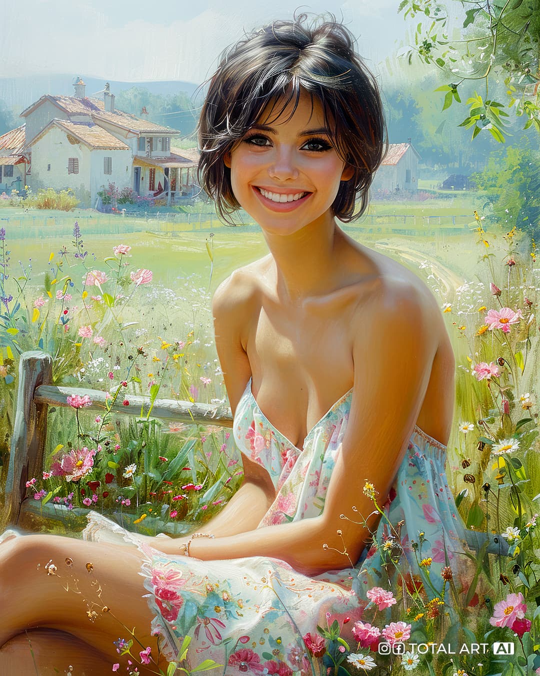 AI generated: Realistic oil painting of a full body shot of a smiling young beautiful European woman in a open sho...