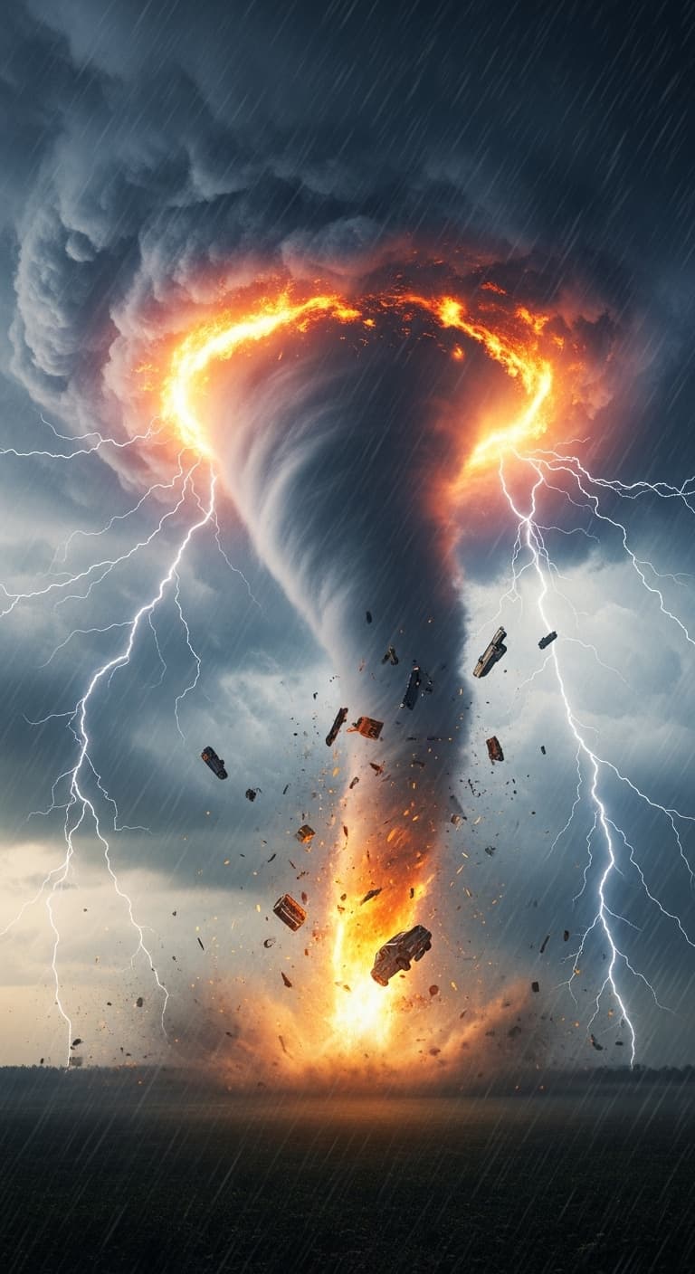 AI generated: massive tornado engulfed by fire, heavy rain, extreme clouds and lighting. vehicles flying around pi...