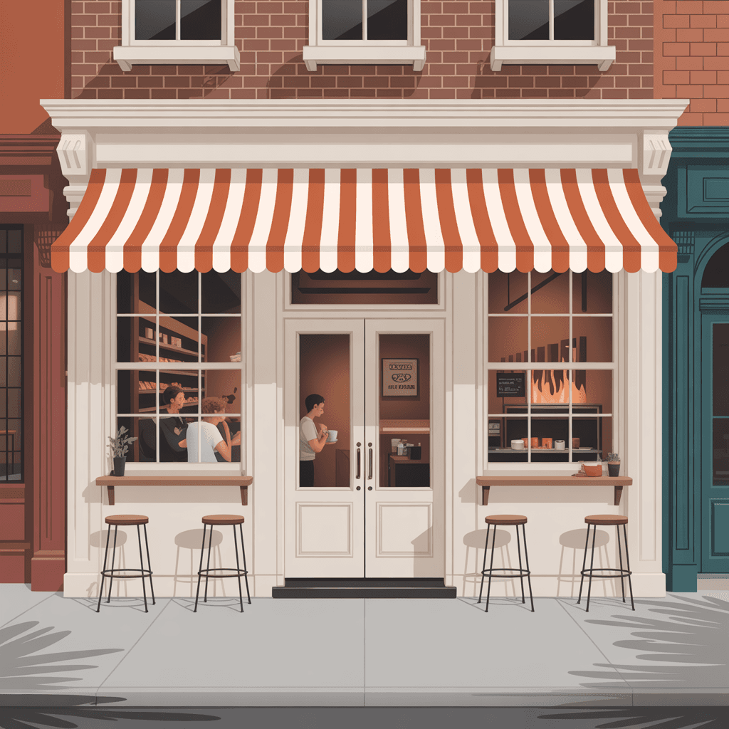 AI generated: The exterior of a ground level small coffee-bakery shop with no other floors above , with white wind...