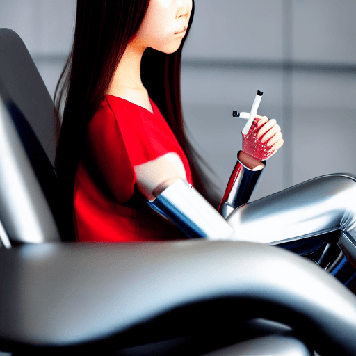 AI generated: High-angle-candid-close-up-photo of a Japanese girl with chromed-steel robot arms. Seated in a ebony...
