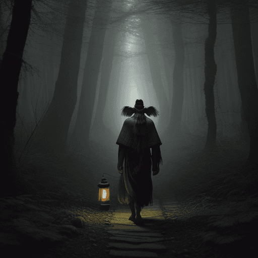 AI generated: an ancient shaman walking in a dark forest with a lantern