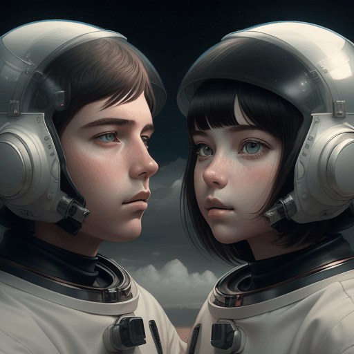 AI generated: portrait of boy and girl with astronaut helmets by ilya kuvshinov, cloudy sky background lush landsc...