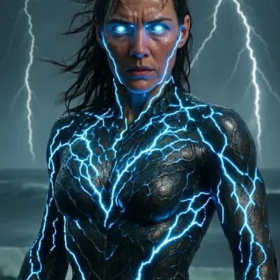 AI generated video: Video of Thor Katla standing against colossal crashing waves as lightning veins blaze brighter acros...