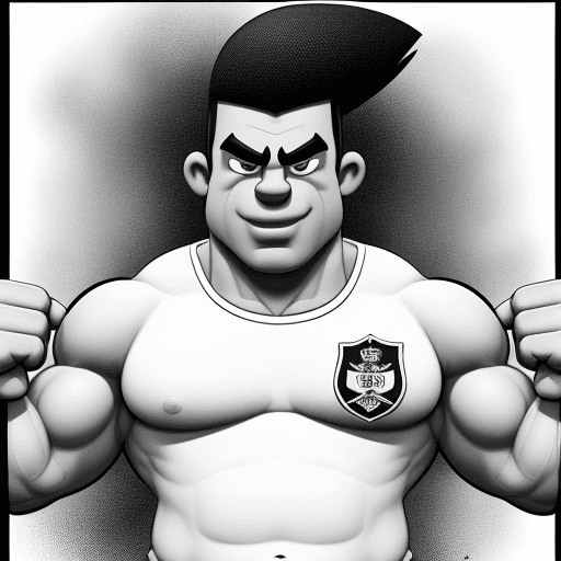 AI generated: a black and white cartoon, that illustrates a strong soccer Fan, wis big muscular arms, who hold a b...