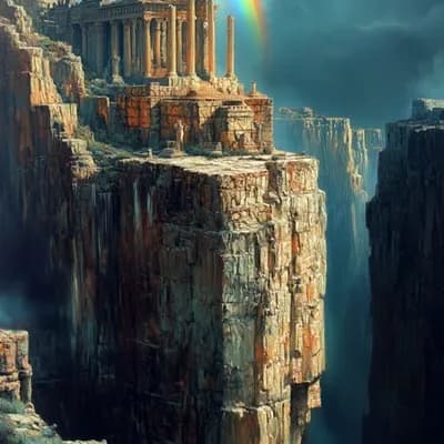 AI generated video: An ancient ruin on a cliff, wind blows the plants,  clouds move slowly across  the sky. 