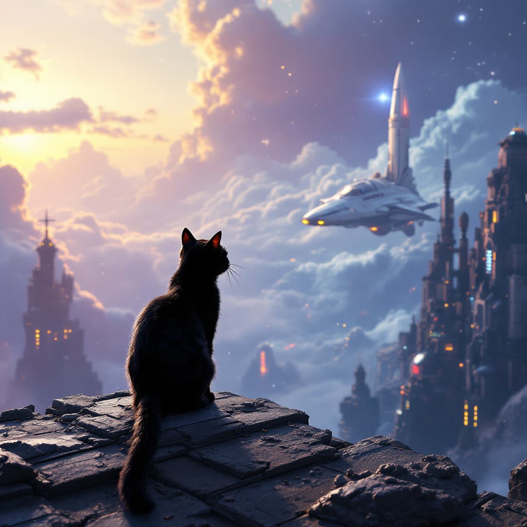 AI generated: Black cat is on the roof of the future floor, looking at a spaceship