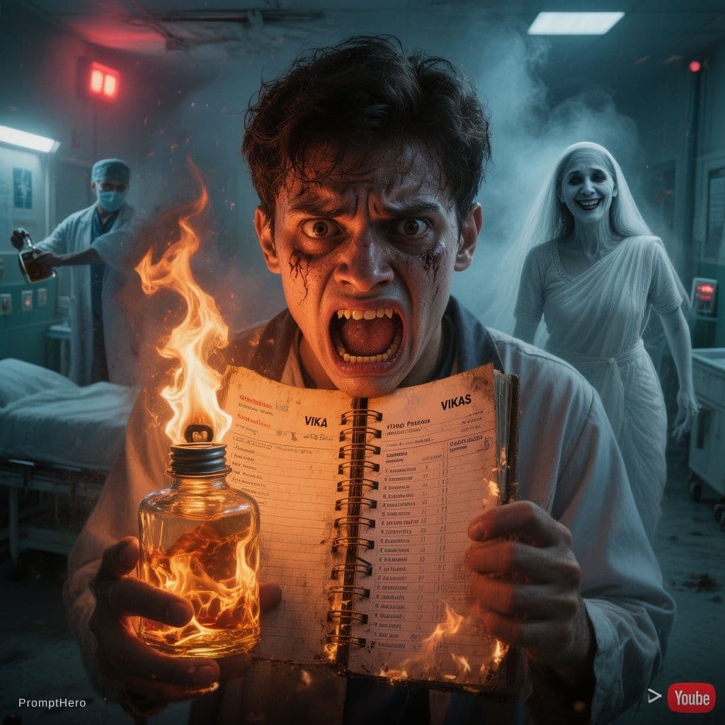 AI generated: A terrified young man Vikas holding a burning hospital register in a dark haunted hospital ward at n...