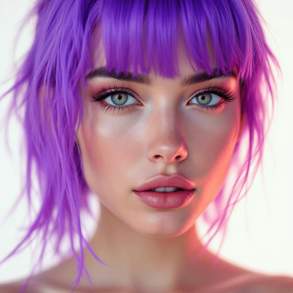 AI generated: A close-up portrait of a woman with vibrant purple hair, captured in ultra-realistic 8K resolution u...