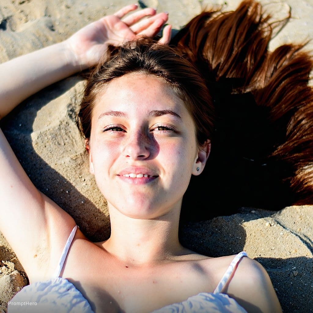 AI generated: Girl laying on the beach in the sun. She is petite with medium breasts and bubble but