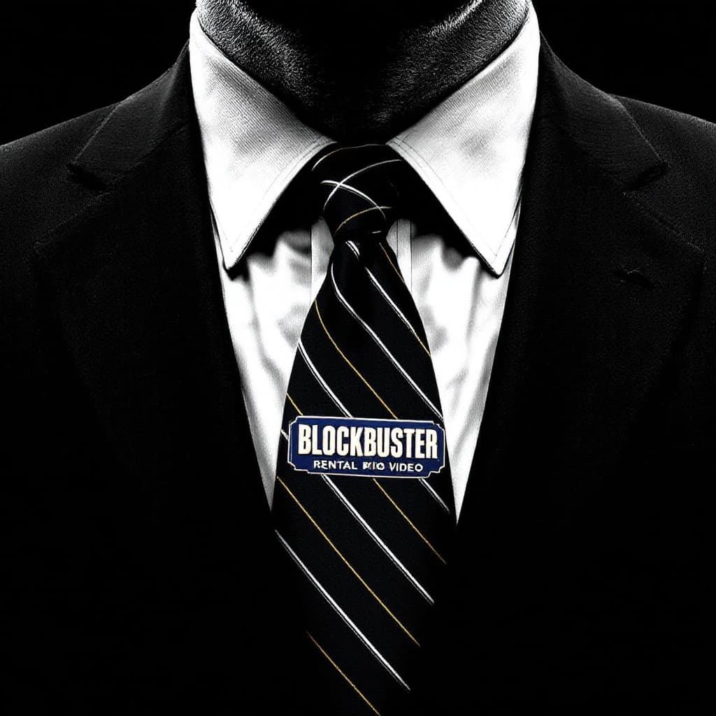 AI generated: a man with a tie, and in the tie, the logo of Blockbuster rental video . 
