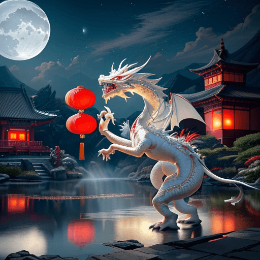 AI generated: Photo of a white chinese dragon and red chinese dragon, dancing together mid-air, beautiful moonlit ...