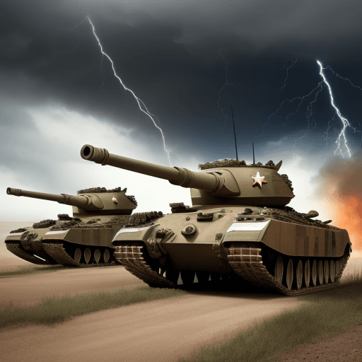 AI generated: Tanks, together, at war, soldiers nearby, thunder of war