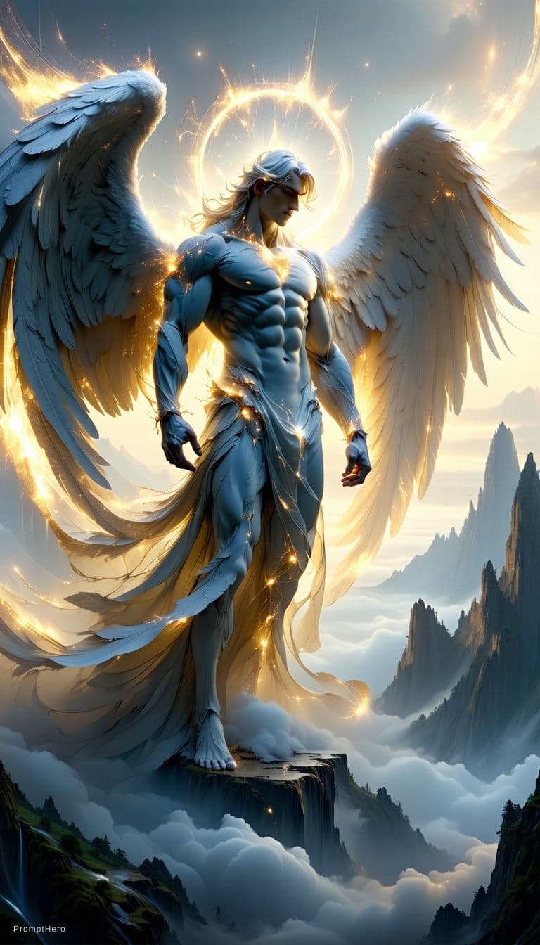 AI generated: The angel stands upon the jagged peak of a celestial mountain, his form bathed in an ethereal glow t...