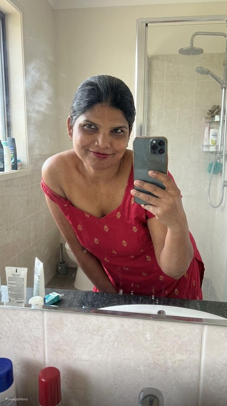 AI generated: Taking a mirror bathroom selfie, realistic snapshot, same hairstyle,  super sexy, wearing same cleav...