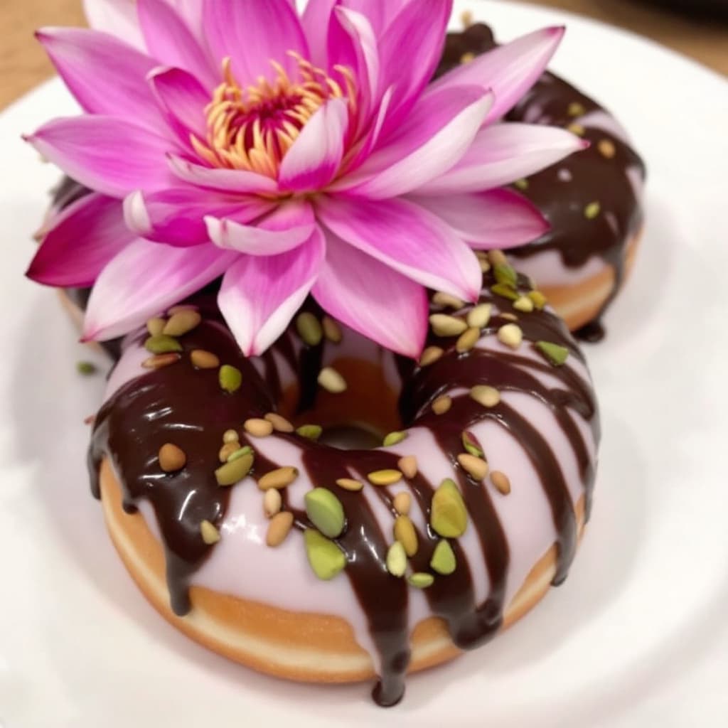 AI generated: I want sweet donuts drenched in chocolate, pistachios, and lotus