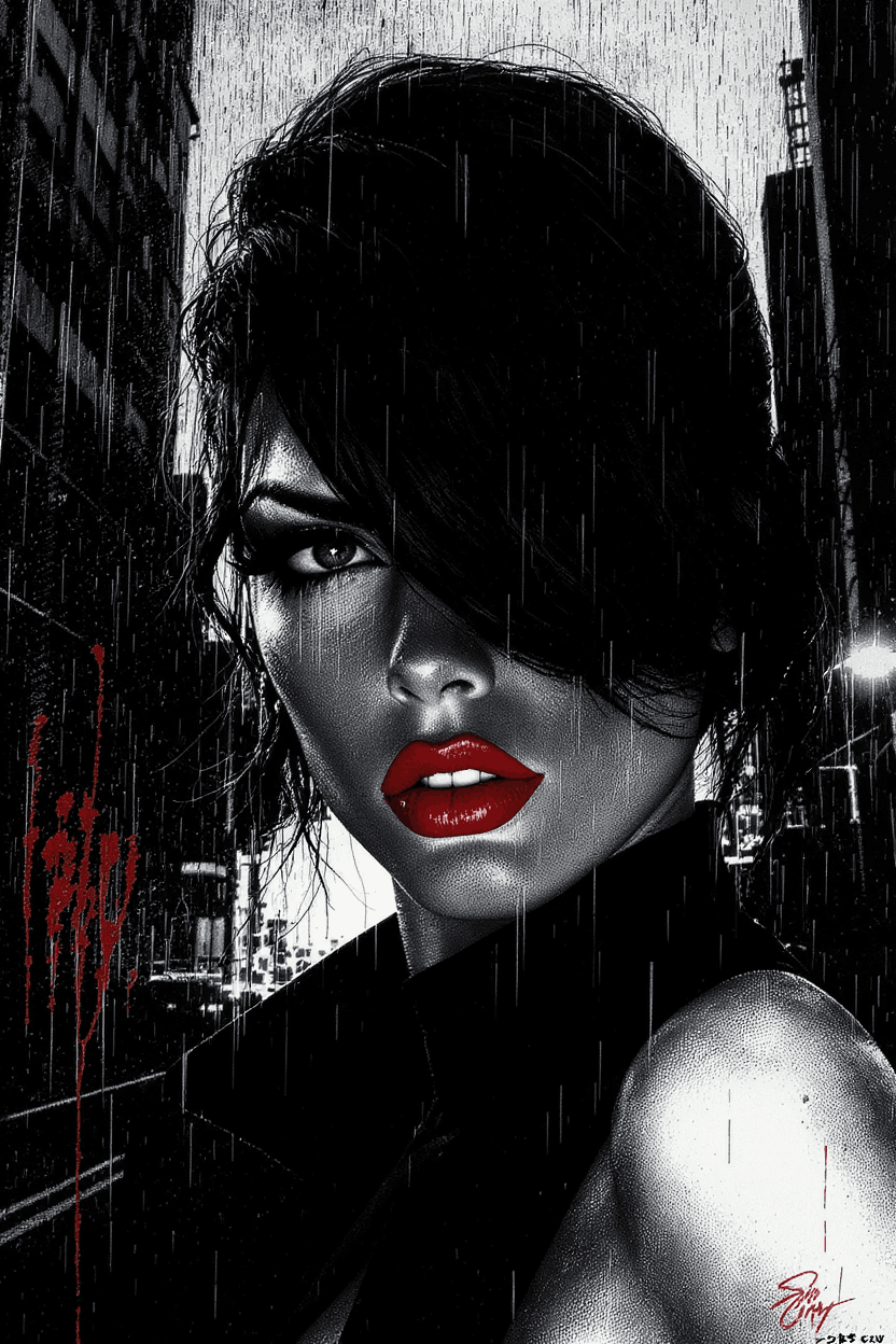 AI generated: Create a dramatic, high-contrast portrait of a woman in the iconic noir style of Sin City. The image...