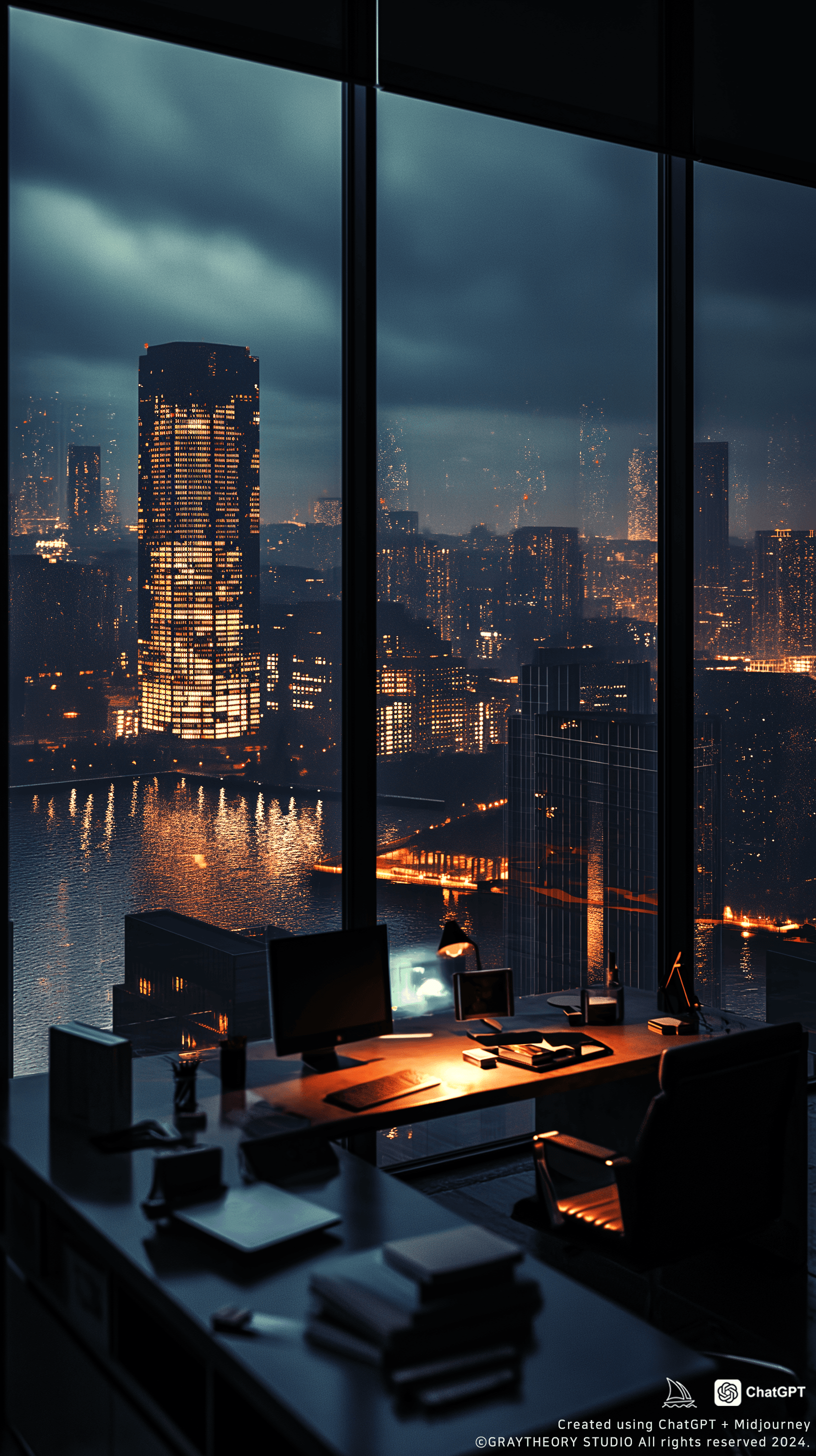 AI generated: Front view, office, minimalist, contemporary style, high gloss, cool-toned lighting, bright afternoo...