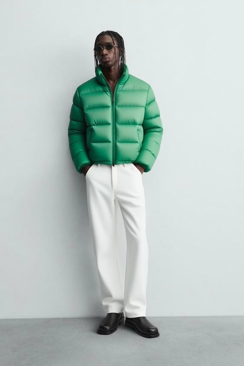 AI generated: put a green puffer jacket on him and white pants