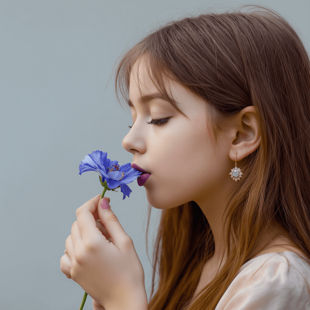 AI generated: Create an image of a girl with long brown hair smelling a blue flower. The girl has ornamental earri...