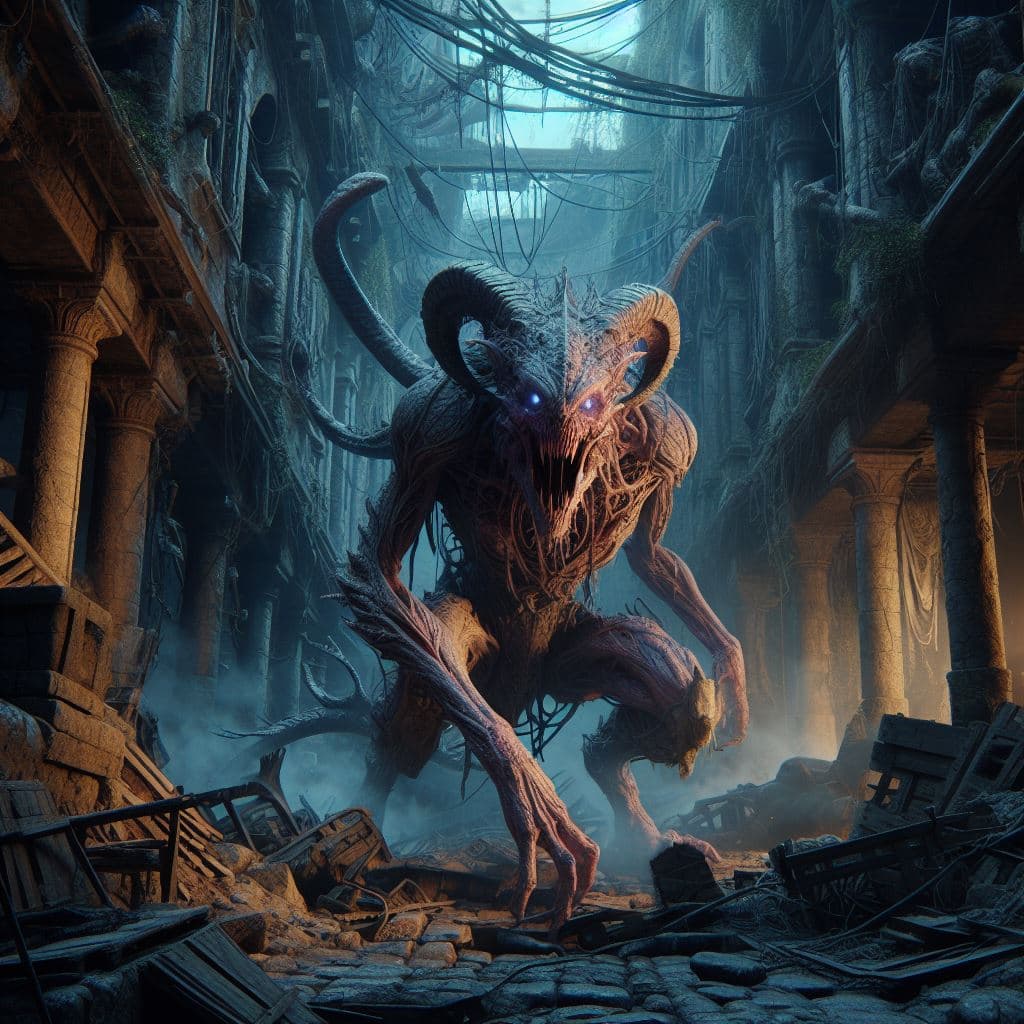 AI generated: fantasy and terrifying Chimera at night, in a dilapidated, ancient alley, intricately detailed., pho...