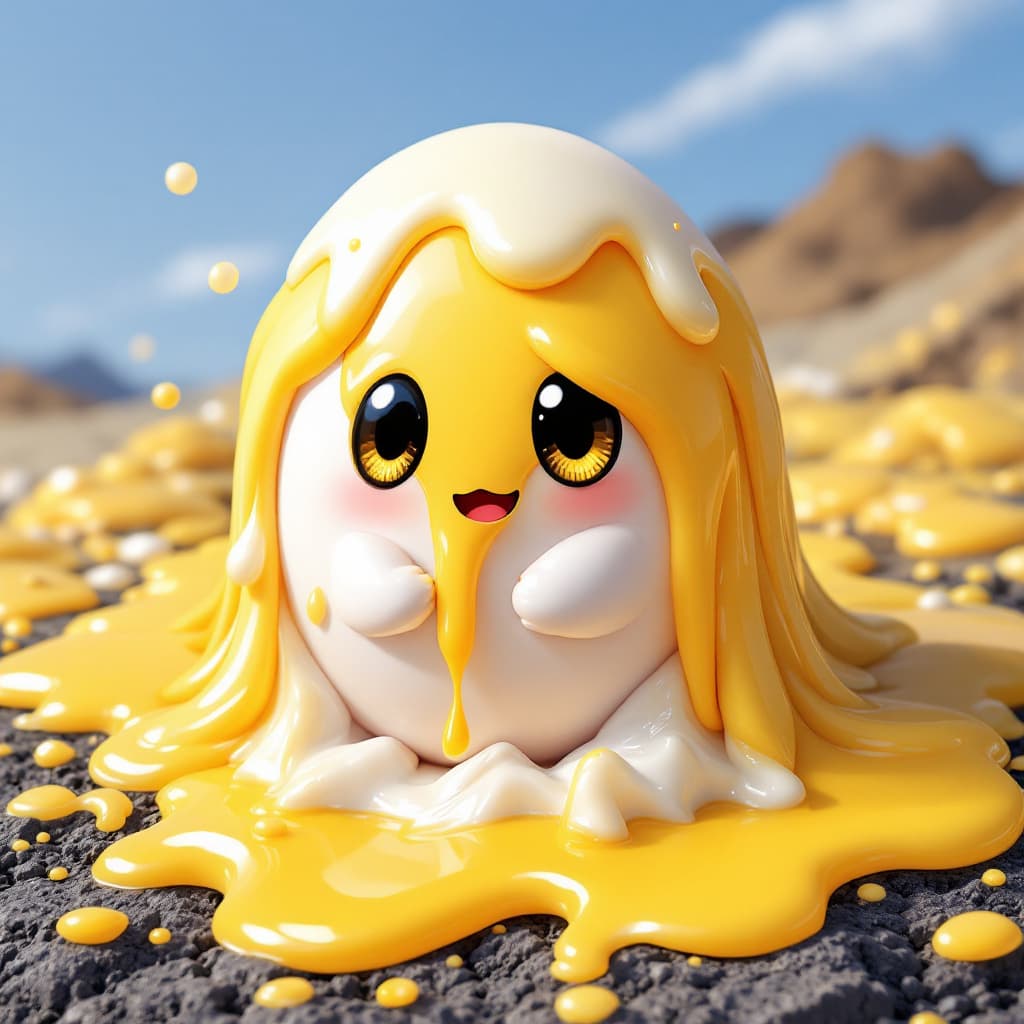 AI generated: an egg yolk with eyes, mouth, and long hair done in a japanese anime style