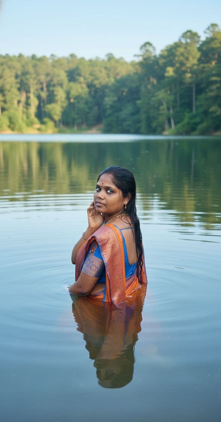 AI generated: The uploaded woman stands in a serene lake, her back to the viewer, looking over her shoulder with l...