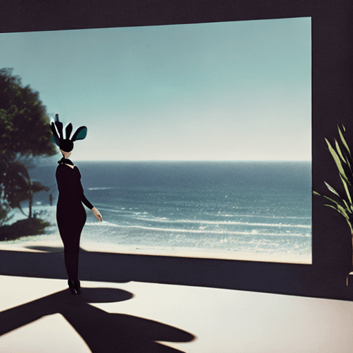 AI generated: overlooking the ocean, daylight, indirect lighting, AD magazine, bunny ears, black clothes