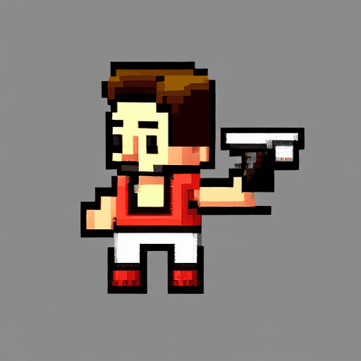 AI generated: 16-bit pixel art of muscular mafia henchman, holding a weapon, looking threateningly at the viewer, ...