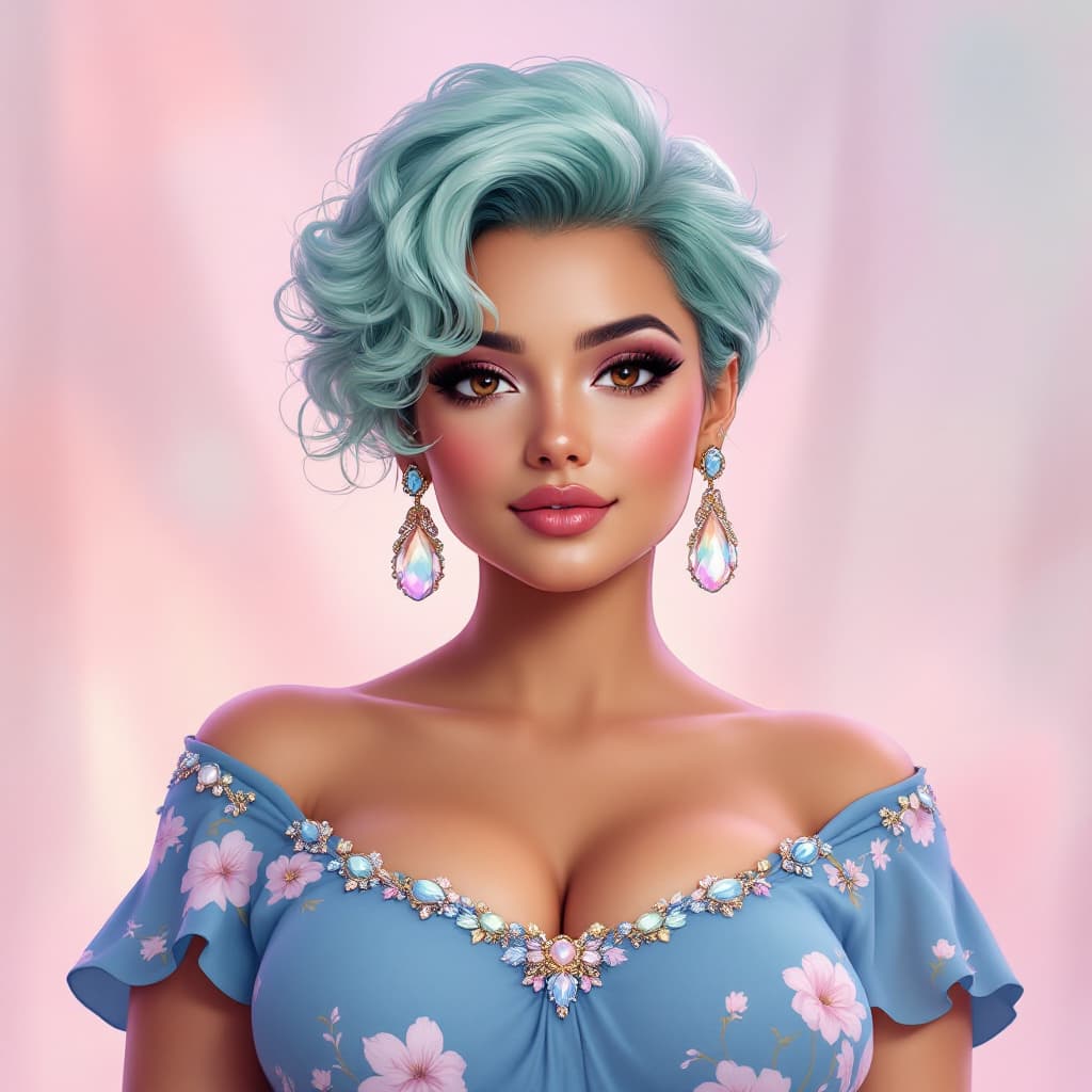 AI generated: A full body portrait of a35-year-old woman with short, curly mint hair and big, expressive brown eye...