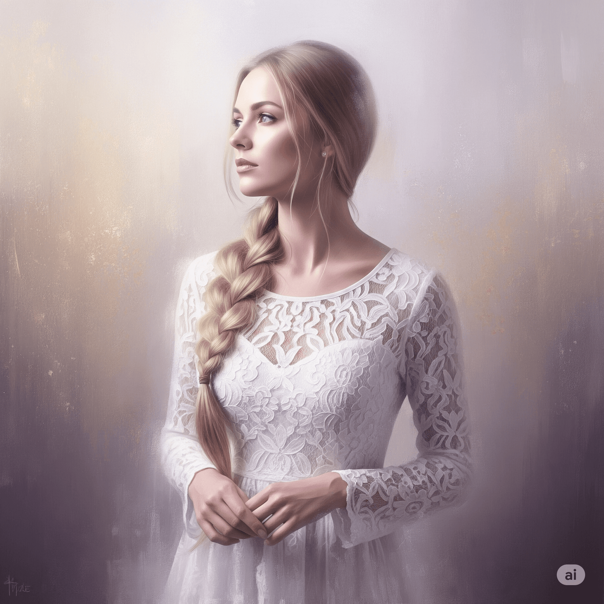 AI generated: Dreamlike portrait of a serene woman with braided blonde hair, adorned in a ghostly white lace. Her ...