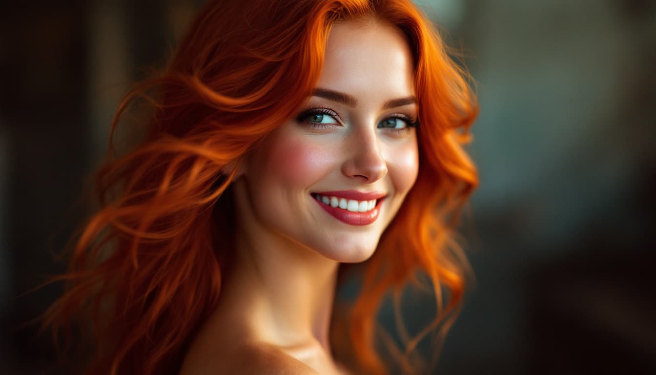 AI generated: professional portrait a stunning woman wearing red hair with a smile, in the style of animated gifs,...