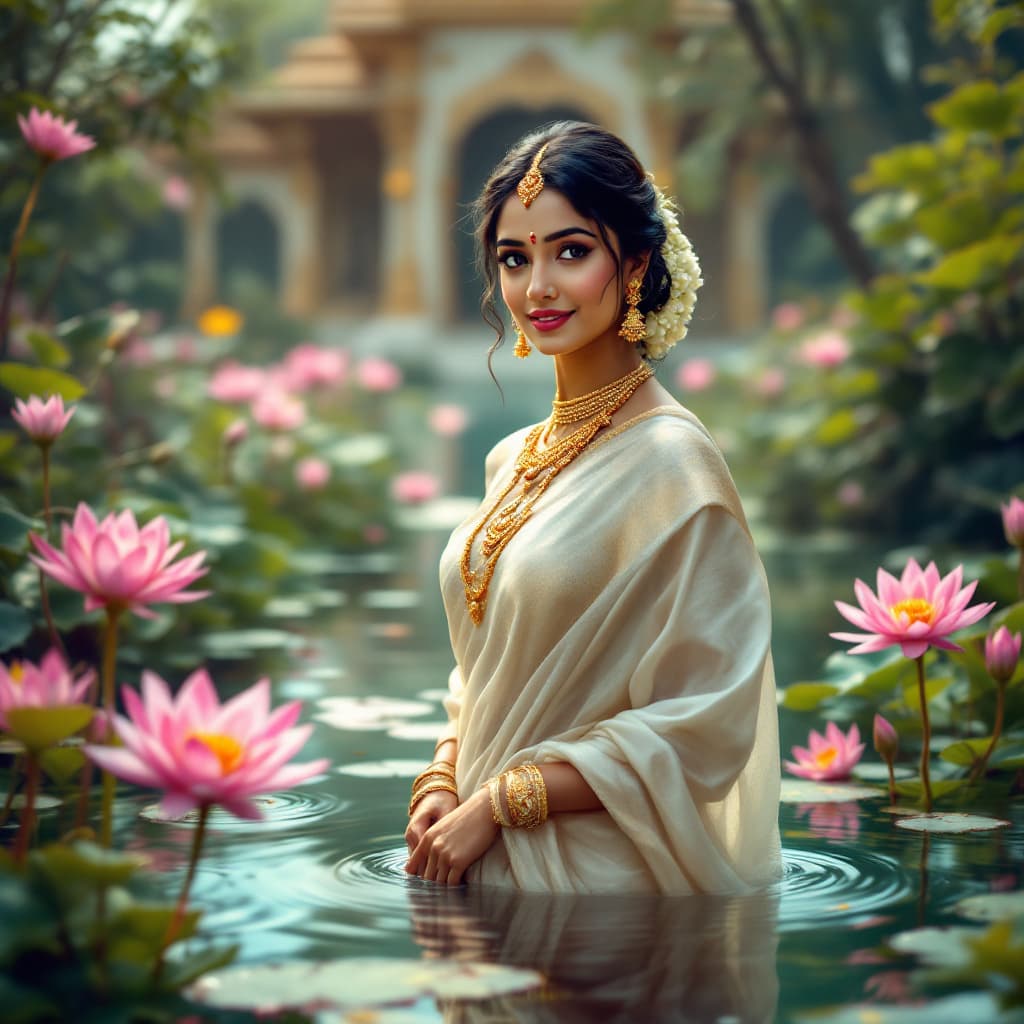 AI generated: A close-up photo of a serene South Indian woman dressed in an elegant silk saree and adorned with tr...