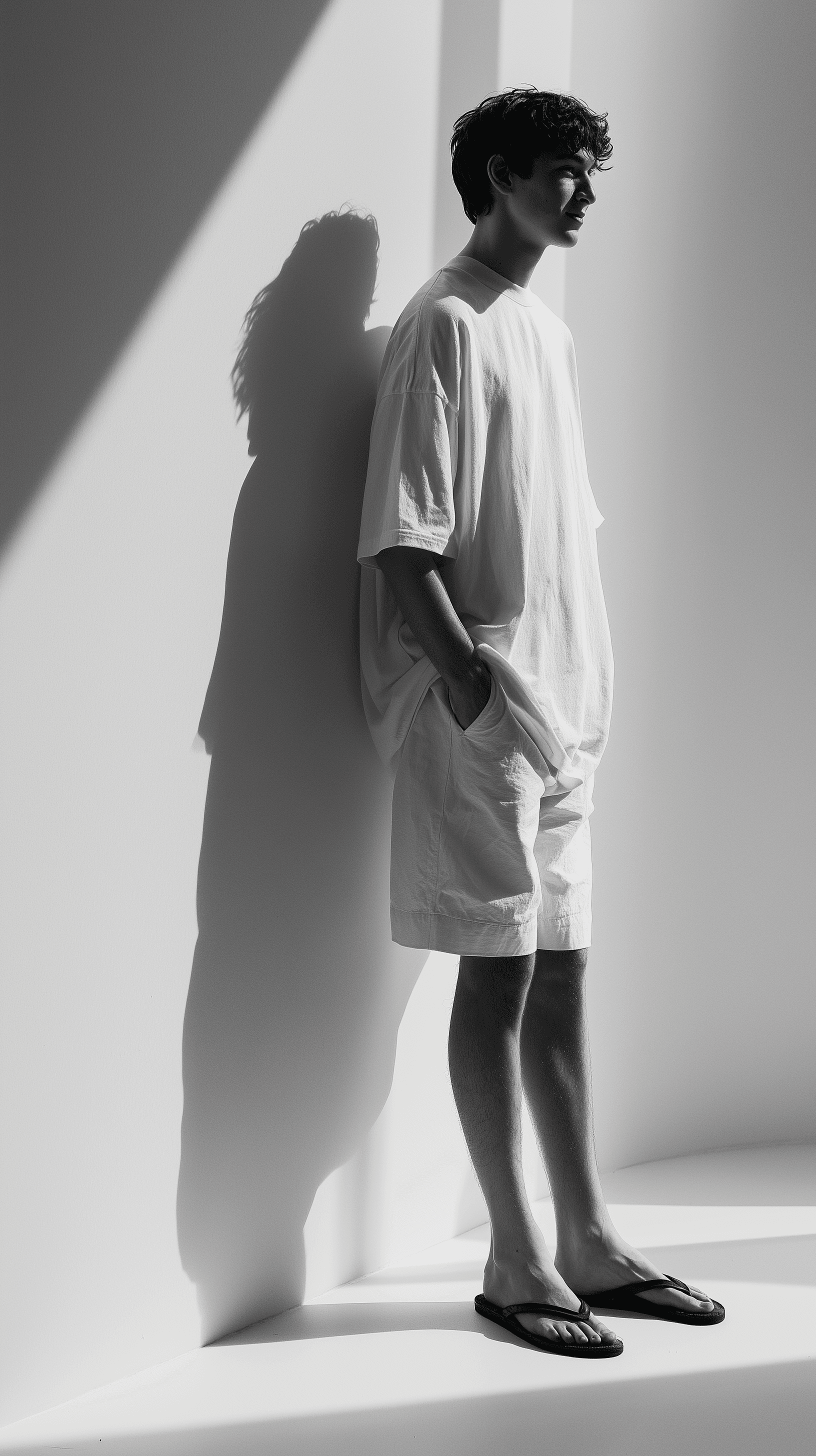 AI generated: monochrome fashion photography, long range, eye-level full-body side view, male model, wearing overs...