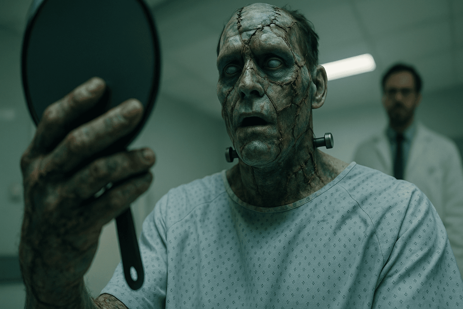 AI generated: A modern take on Frankenstein. A newly awakened Frankenstein sits in a chair, wearing a pale blue ho...
