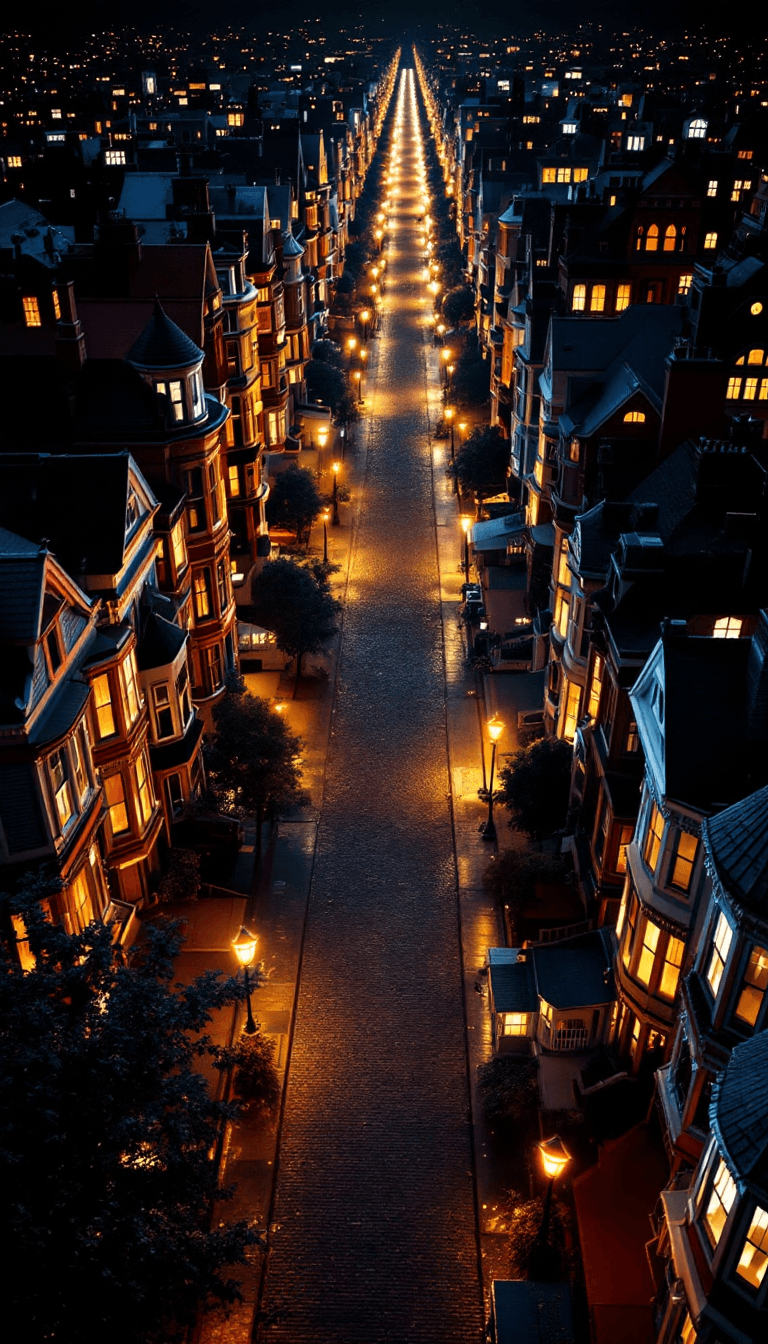 AI generated: An eagle eye view of a Victorian town with a cobblestone street stretching infinitely into the night...