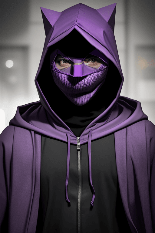 AI generated: Purple man in hood with big triangle mask