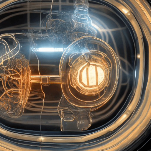 AI generated: Dynamically close up, high-resolution photograph of a translucent softly glowing mechanical 1969 Vol...
