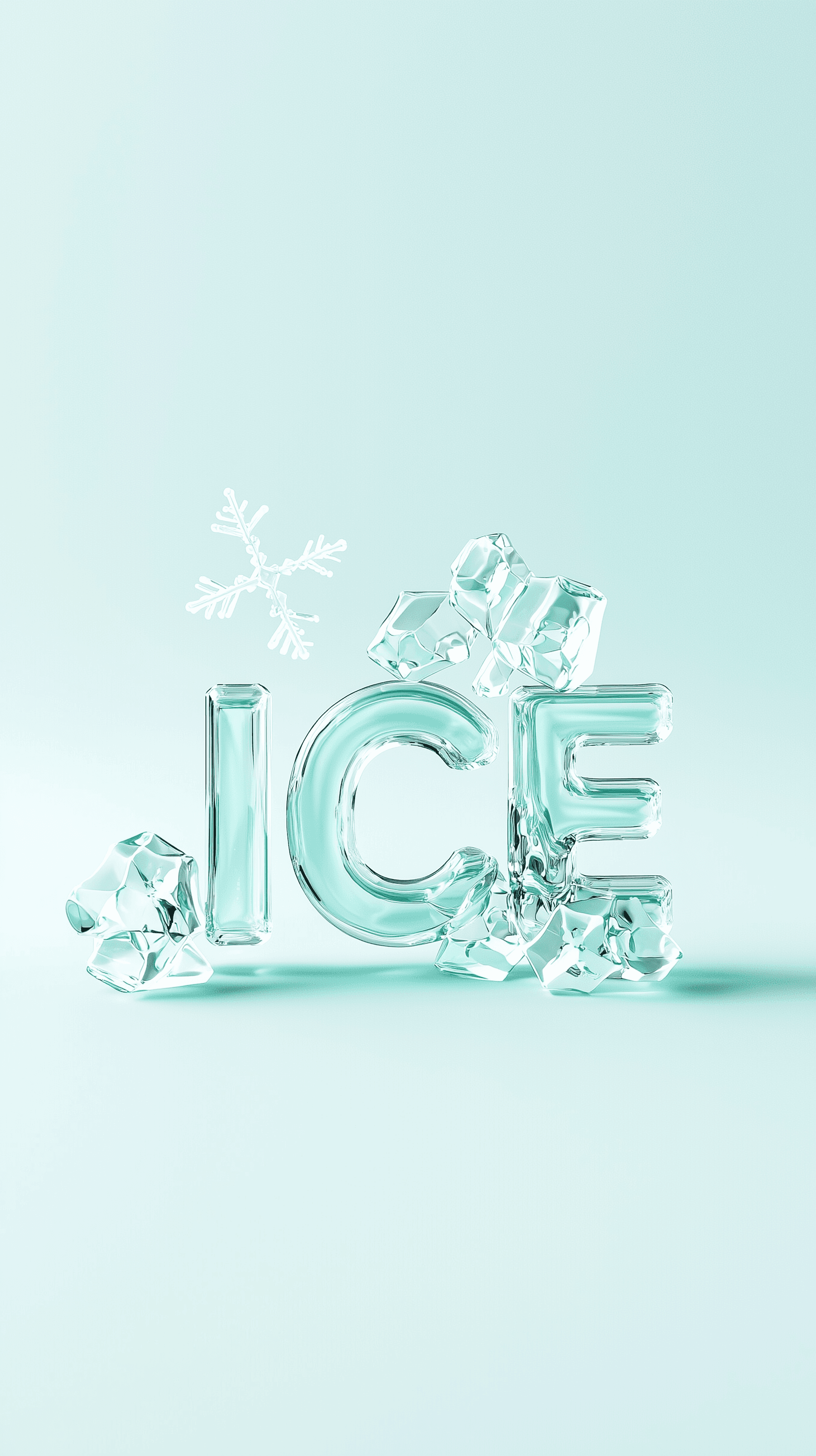 AI generated: render, centered composition, "ice" letter, emerald ice, pastel light gradient cyan background, caus...