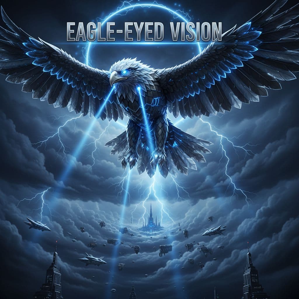 AI generated: "Eagle-Eyed Vision" — 3D eagle soaring above storm
