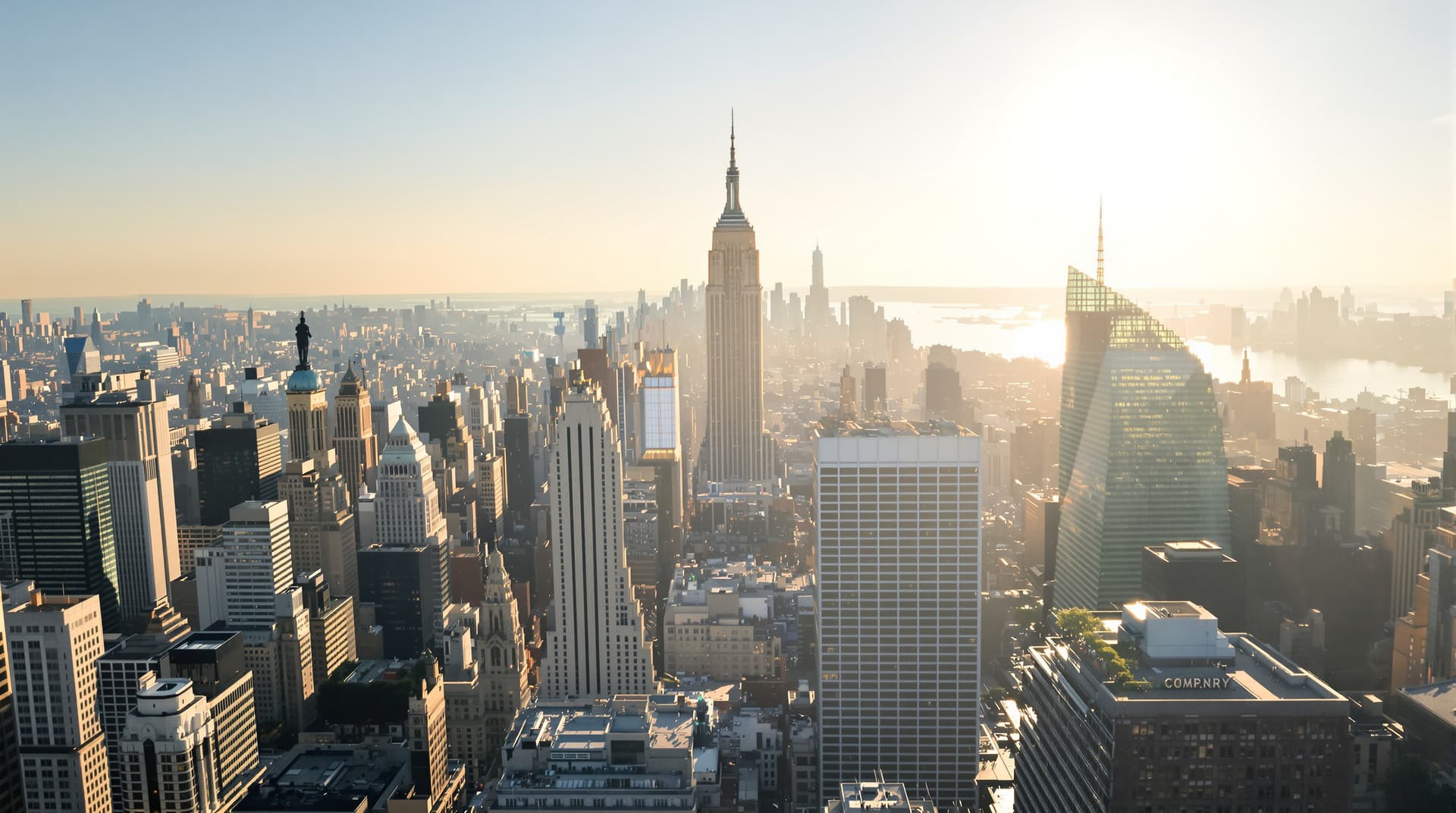 AI generated: Breathtaking aerial view of New York financial district; sunny morning light over iconic cityscape; ...