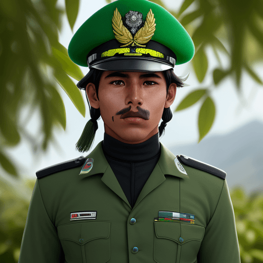 AI generated: bolivian young police, wearing bolivian green cop uniform, 4k, chewing green leafs
