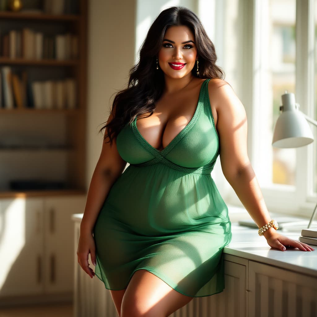 AI generated: Side view, hyper-realistic, full-length shot. A beautiful very buxom fashion model with a curvy wais...