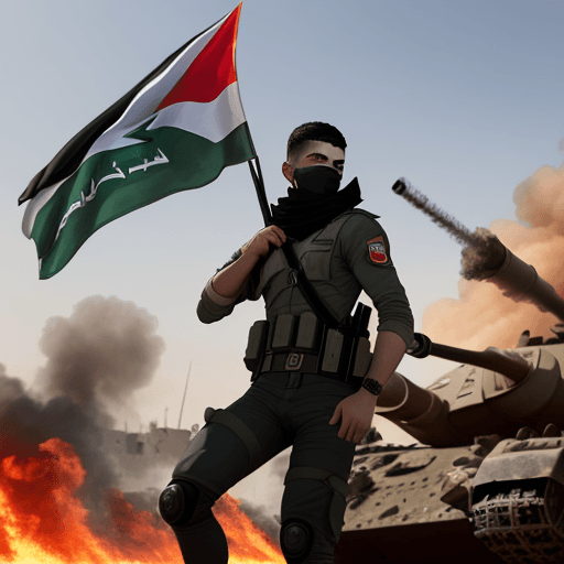 AI generated: A young Palestinian resistance man, masked, next to a burning military tank, explosions. (Raising th...