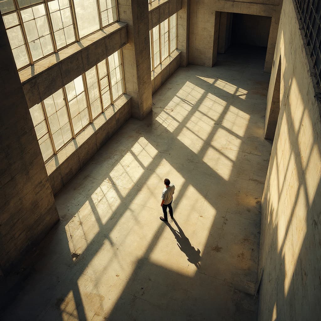 AI generated: digital painting, aerial, man caught in a dramatic interplay of light and shadow inside a contempora...