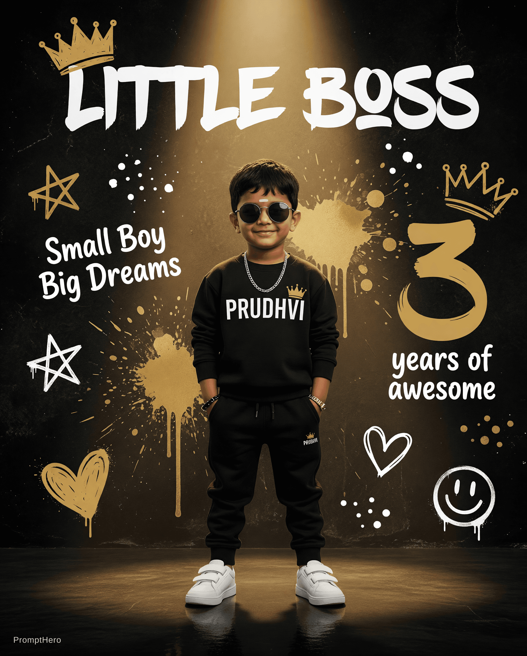 AI generated: Cinematic birthday poster of a cute little Indian toddler boy, 5 years old, confident smiling expres...
