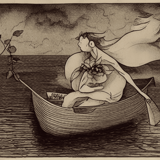 AI generated: a rose in a boat float in hell