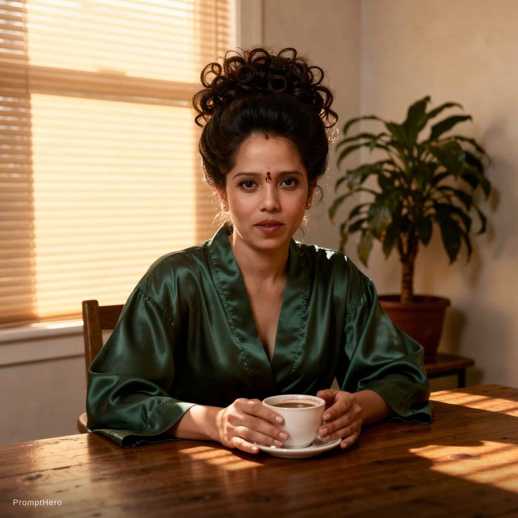 AI generated: A woman sits in contemplation, her dark, curly hair styled in an elegant updo as she gazes directly ...
