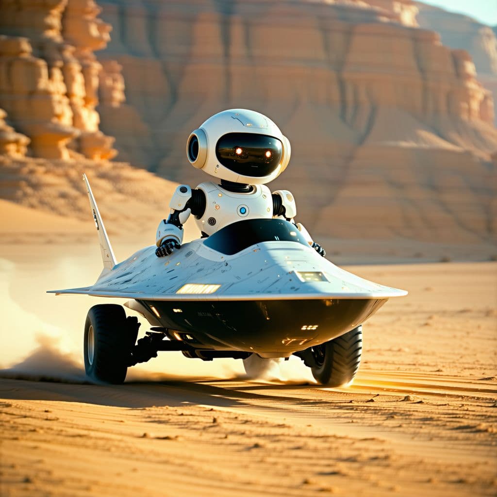 AI generated: film photography of a robot driving a spaceship,medium shot , in the desert,wearing a helmet and goo...