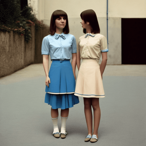 AI generated: two girls together, one wearing a dress and the other wearing a shirt and skirt, in the style of 197...