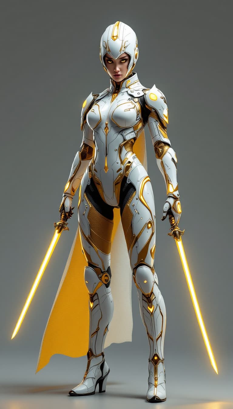 AI generated: A full body photo shot of a fierce and graceful image of a (cyber ninja) wearing a high-tech, white ...